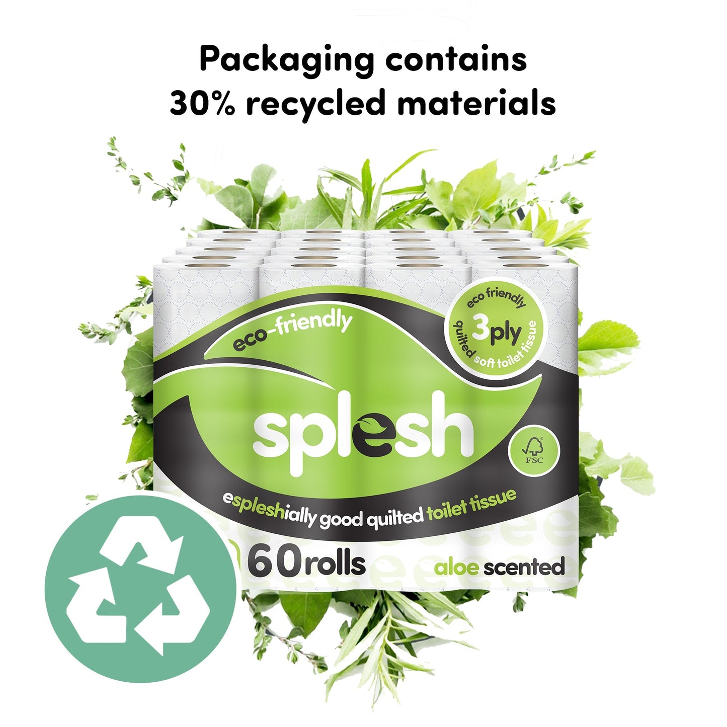 Splesh Toilet Roll Eco-Friendly, Soft & Quilted, Aloe Vera (60 Rolls)