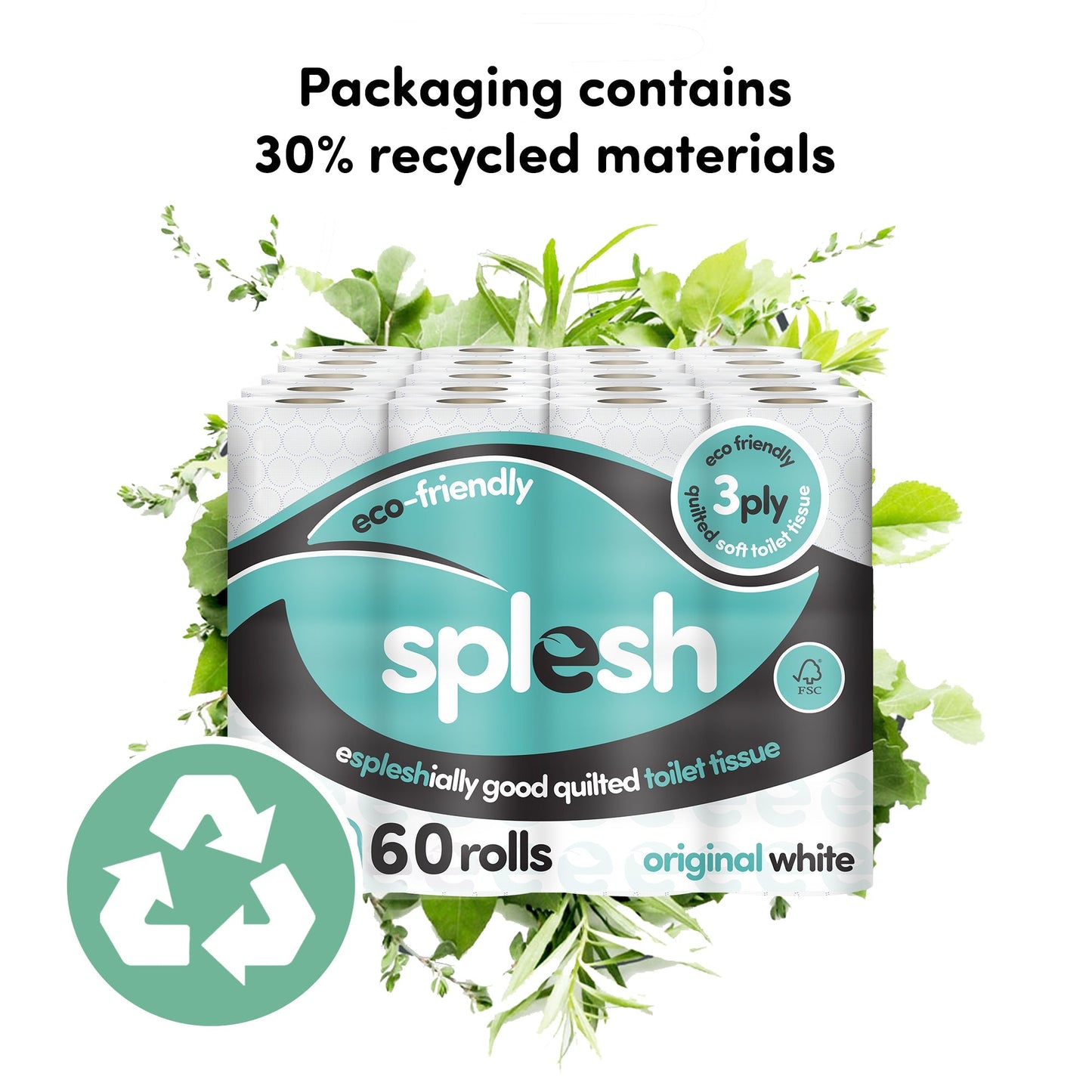Splesh Toilet Roll, Soft & Quilted Eco-Friendly, White, 60 Rolls