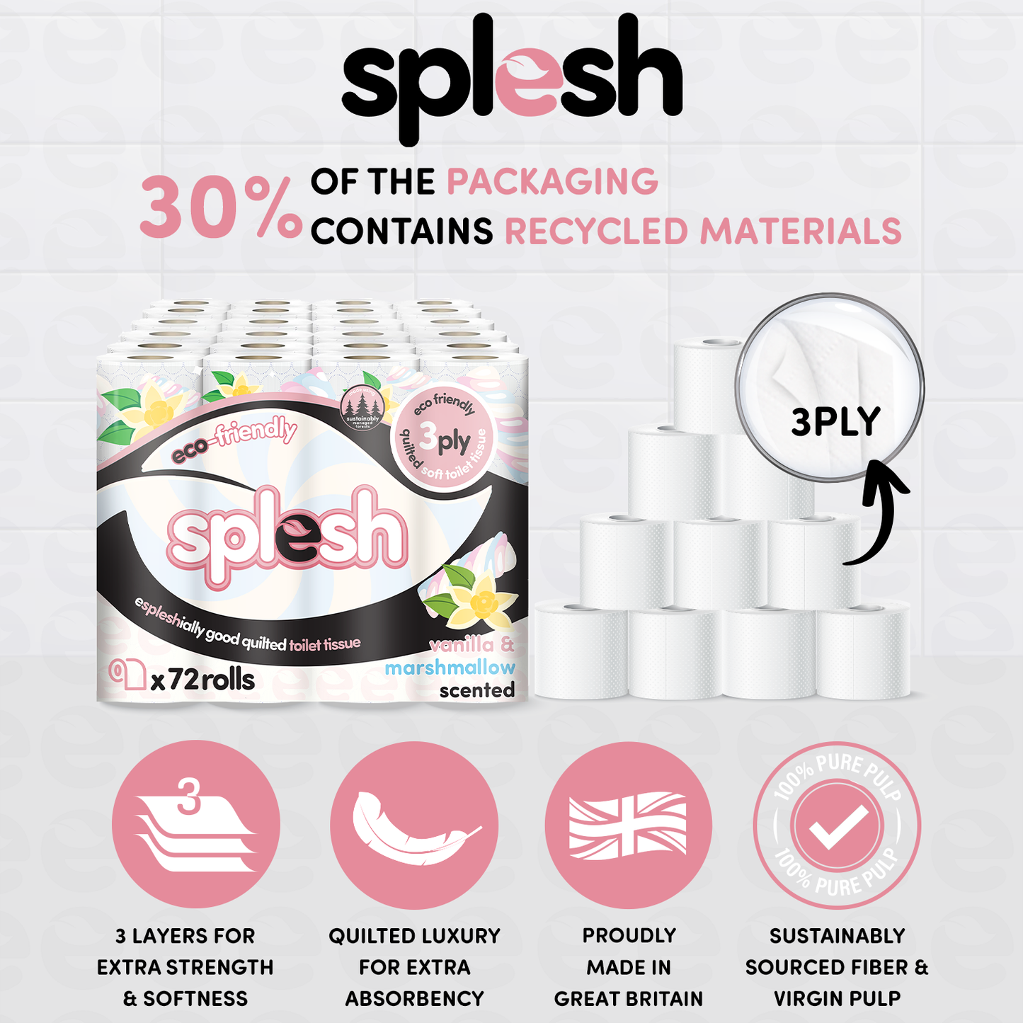 Splesh Quilted Toilet Roll Luxury Vanilla & Marshmallow 3-Ply Soft Toilet Paper, 72 Rolls
