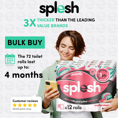 Splesh Quilted Toilet Roll Luxury Watermelon 3-Ply Soft Toilet Paper, 72 Rolls